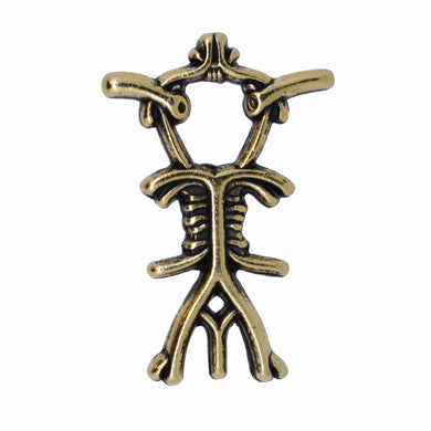Gold-colored pendant with a unique design on a white background