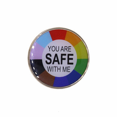 Round rainbow-colored badge with 'You Are Safe With Me' text on a white background